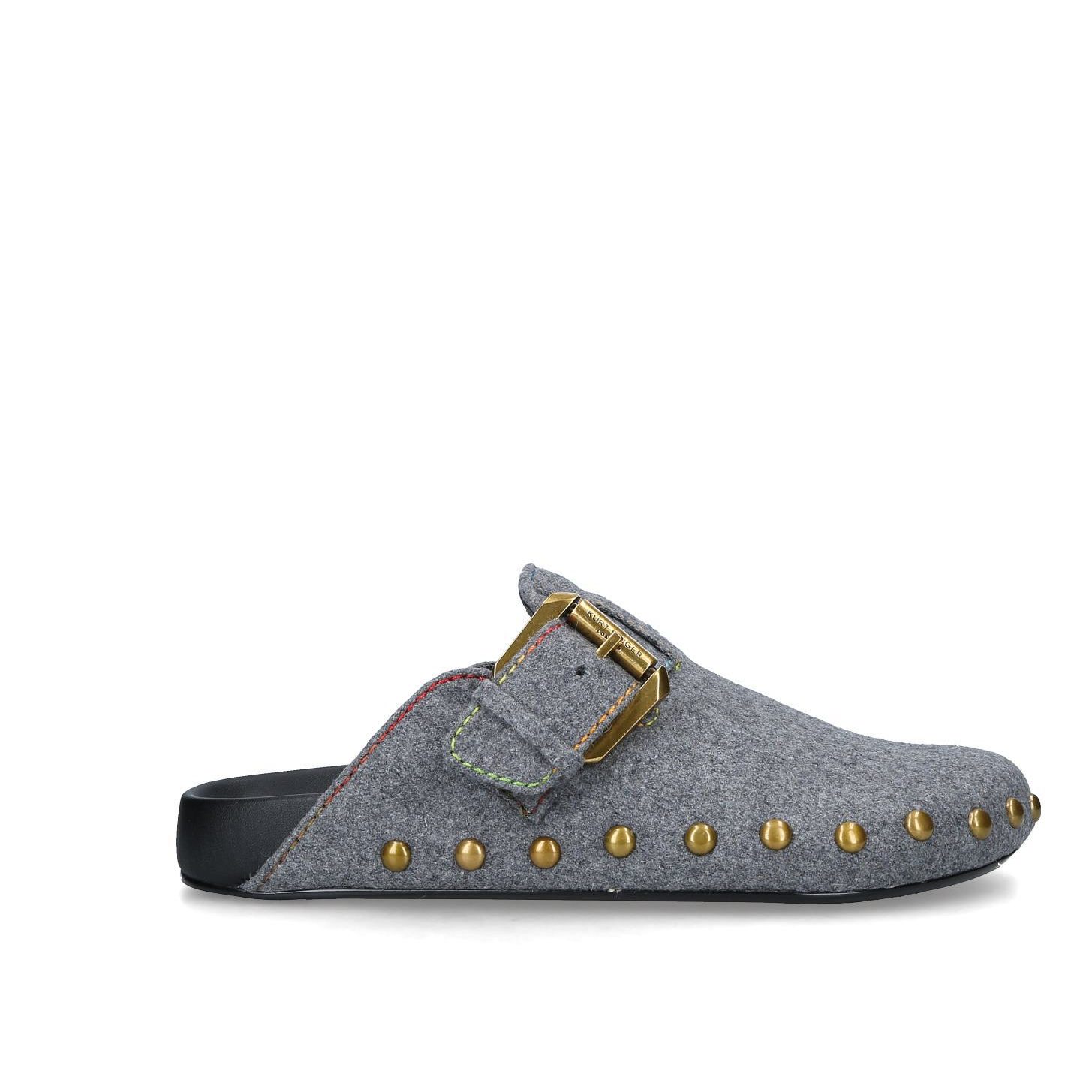 Denim studded clogs from Kurt Geiger London with multicoloured stitching