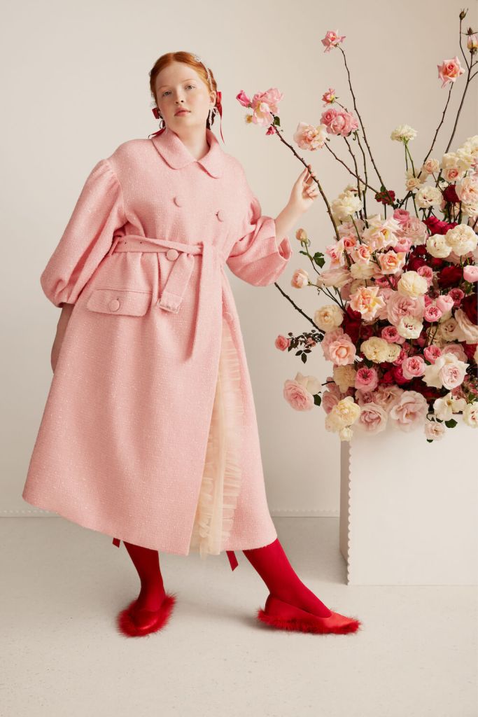 Simone Rocha x H&M tinsel detail tweed pink coat and feather red embellished pumps