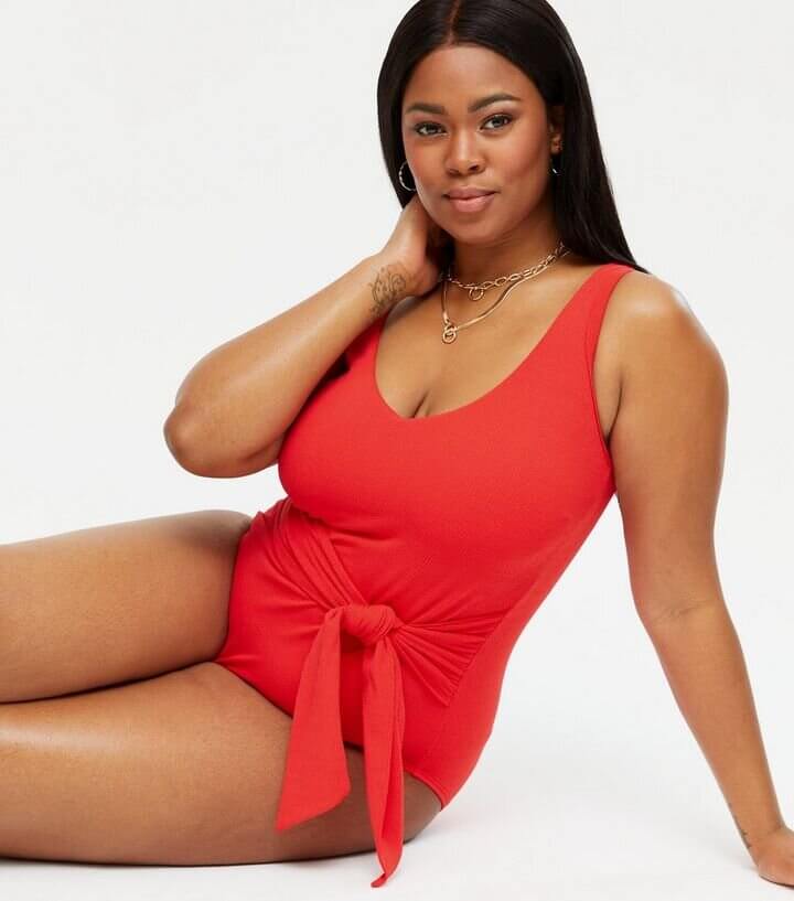 New Look Curves Red Tie Front Scoop Neck Swimsuit