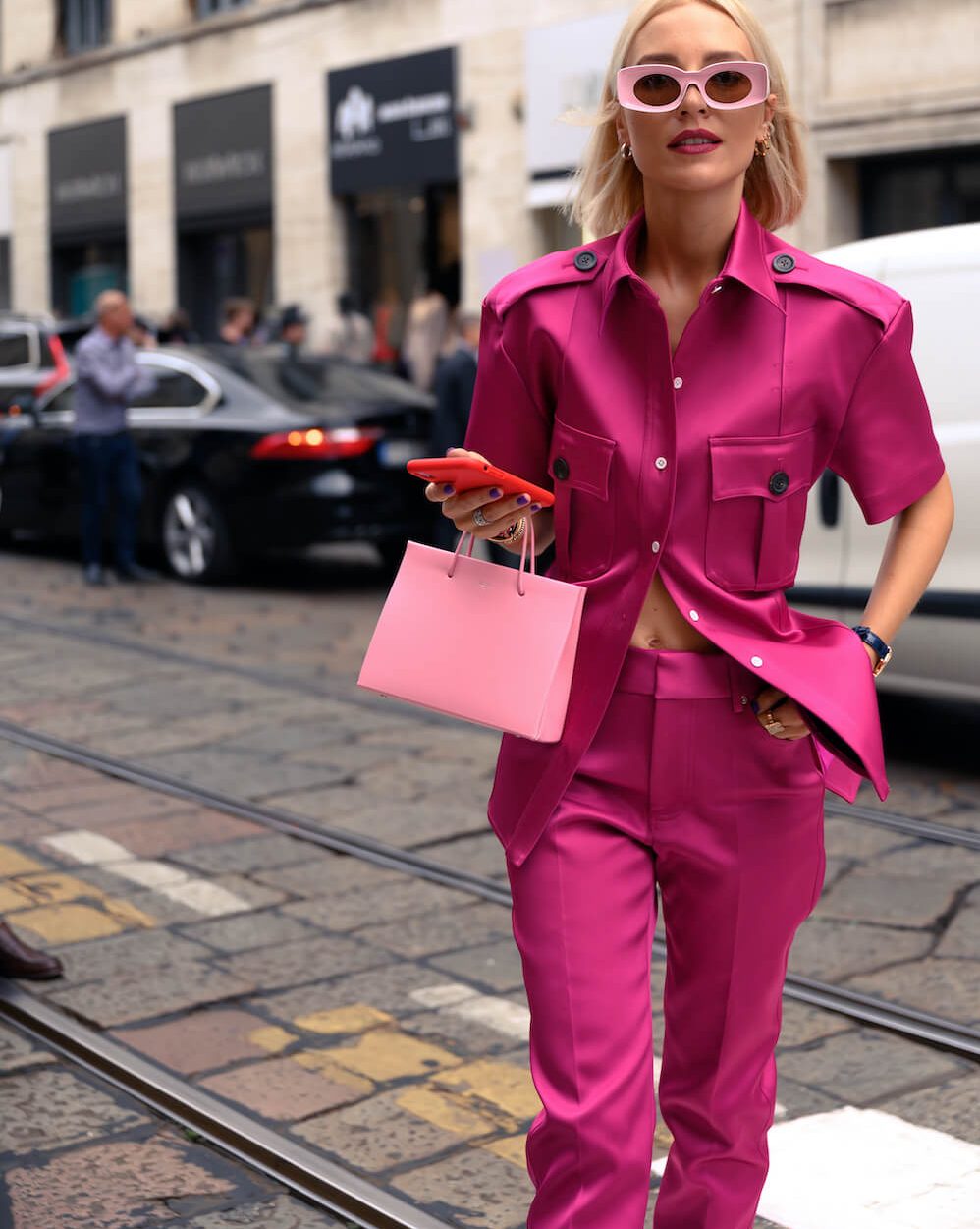Lady dressed in pink London Fashion Week