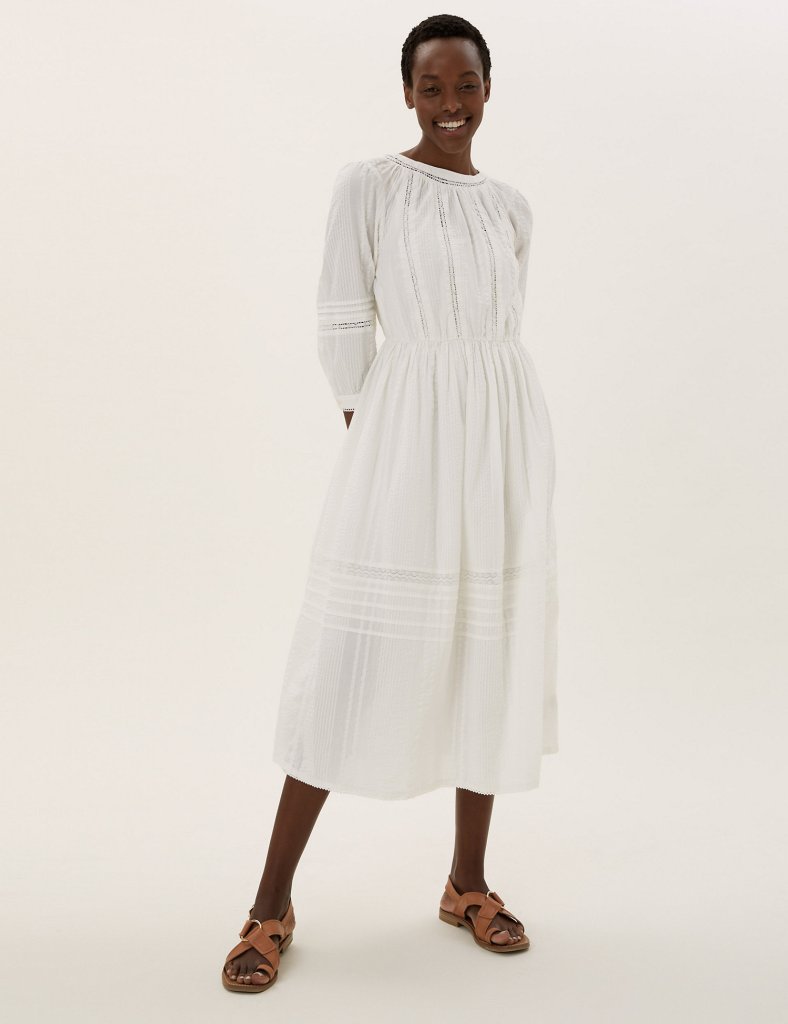M&S Pure Cotton Lace Trim Waisted Dress