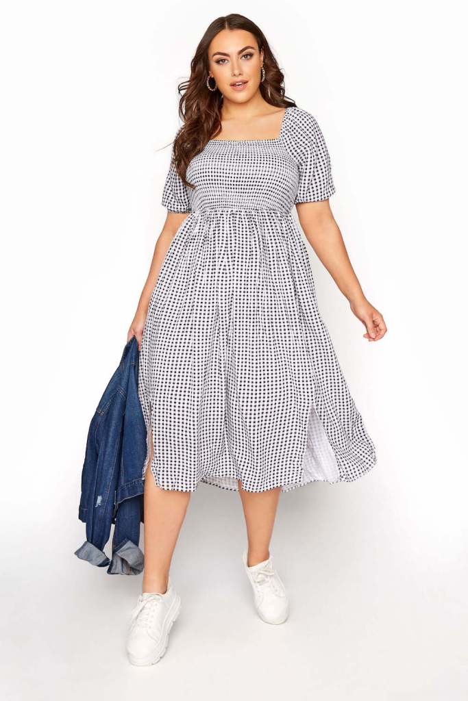 Yours Clothing Black Gingham Shirred Midaxi Dress