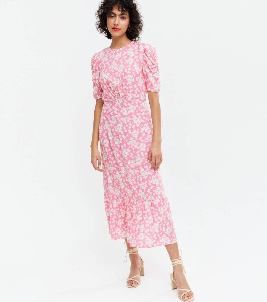 Pink Floral Ruched Puff Sleeve Midi Dress new look