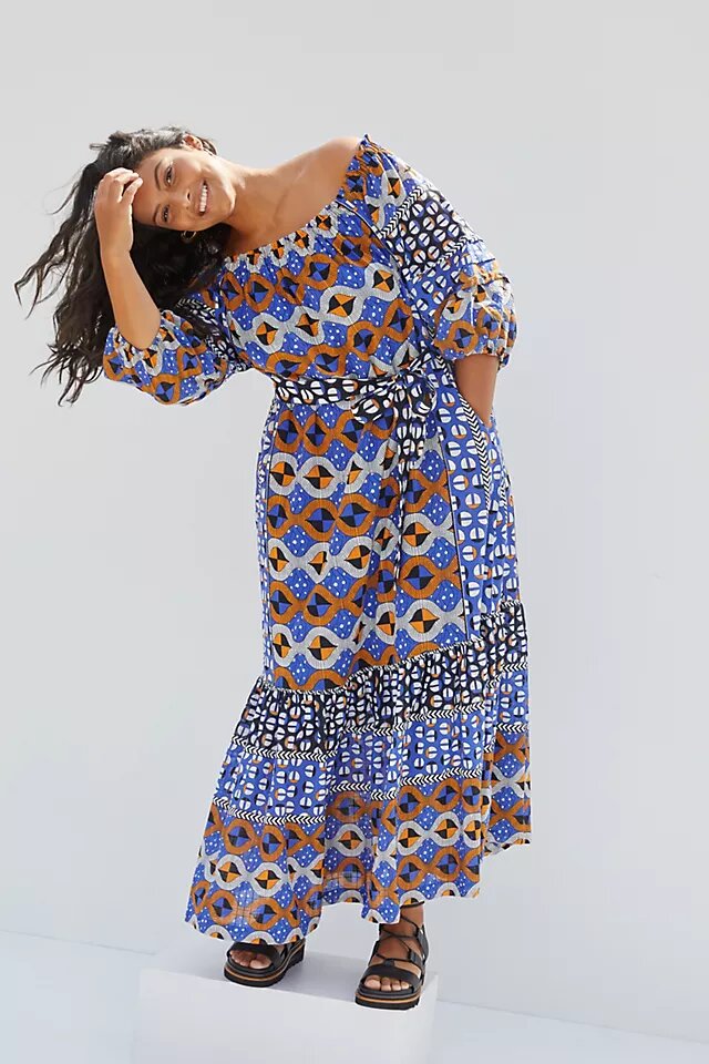 Abstract Flounced Off-The-Shoulder Maxi Dress anthropologie