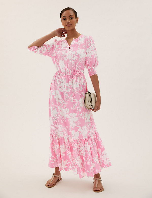 Marks & Spencer Floral Round-Neck Midaxi Waisted Dress