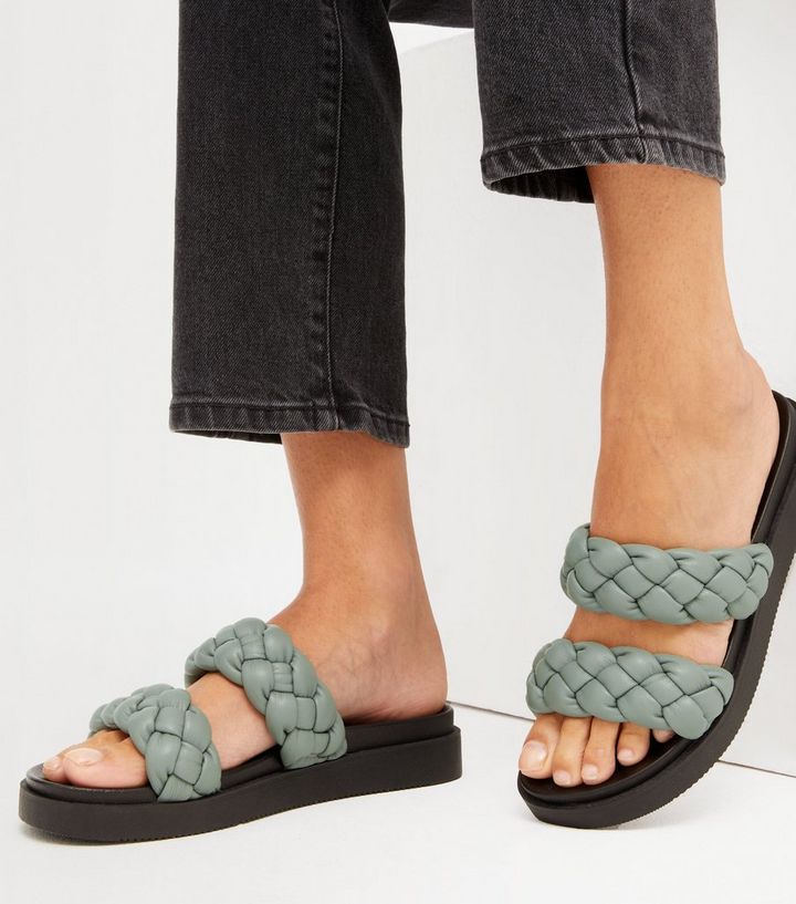 New Look Light Green Leather-Look Chunky Plaited Sliders