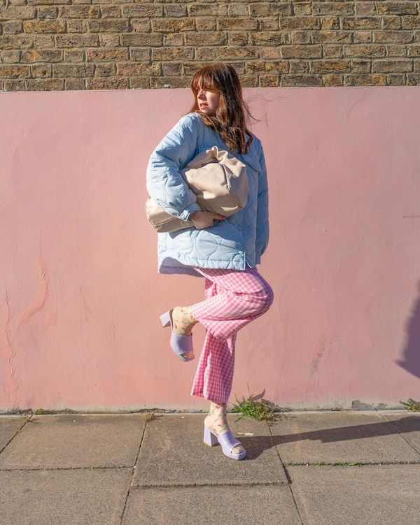 Lindsey Isla wearing pink gingham trousers