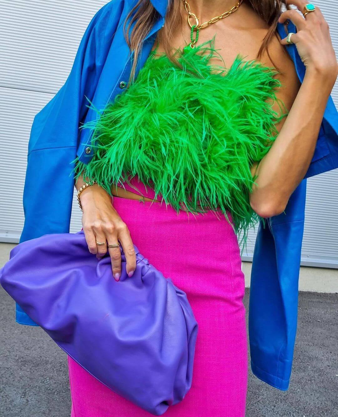 Nina Sandbech wearing green twenty fall feather top