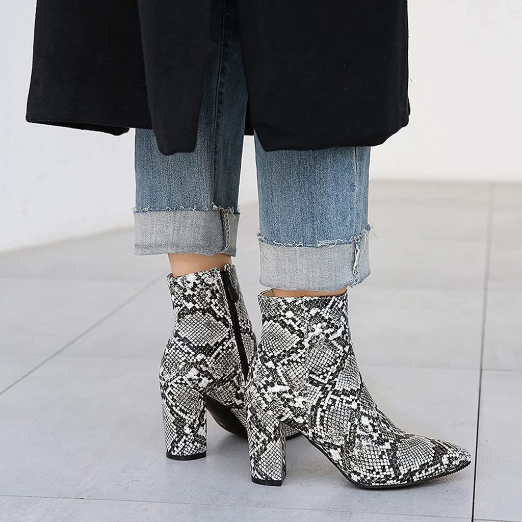 Lizzhen Women Pointed Toe Fashion Snakeskin Block Heels Chelsea Ankle Boots Zip