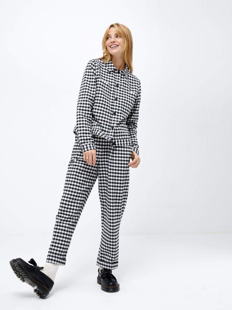 Mabel Straight Leg Trouser in Mono Gingham and Serena Button Front Shacket Overshirt in Mono Gingham Omnes