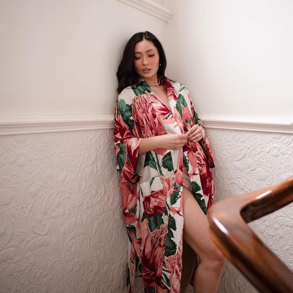 influencer chrystelle audette wearing a floral print dressing gown