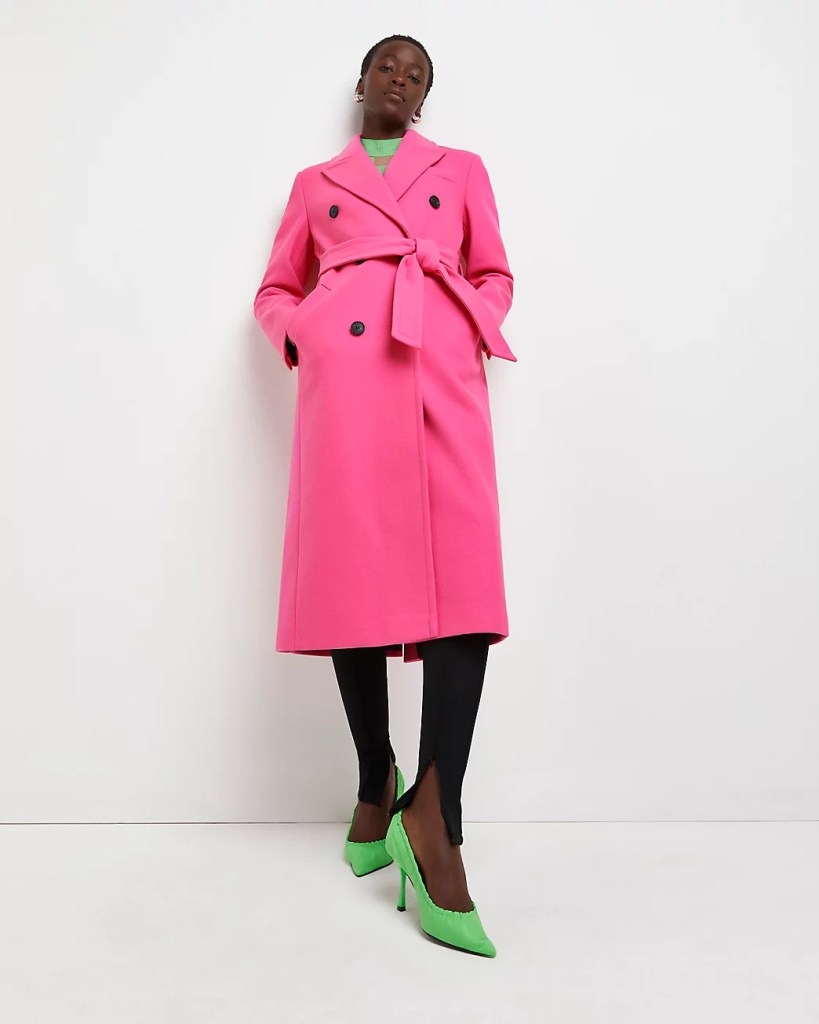 PINK BELTED DOUBLE BREASTED COAT River Island