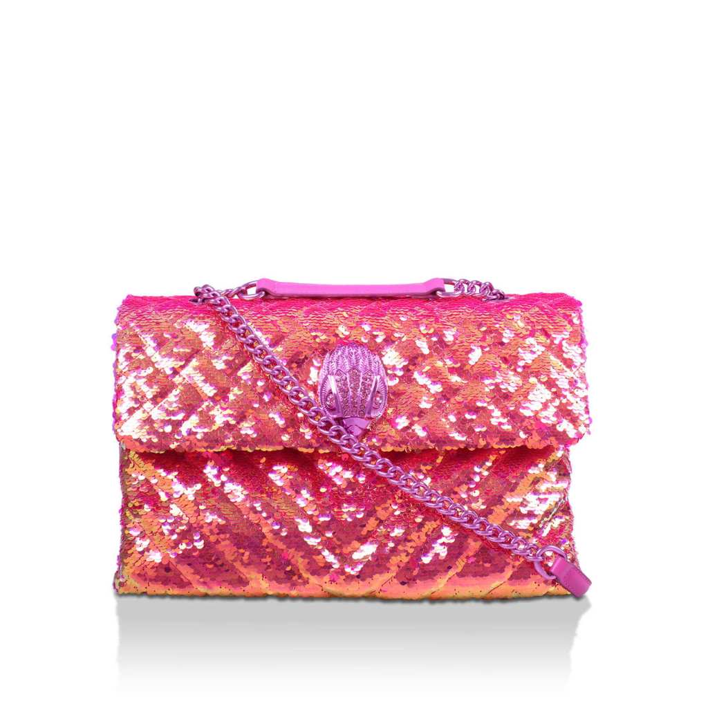 Pink sequin bag with pink chain and bird clasp