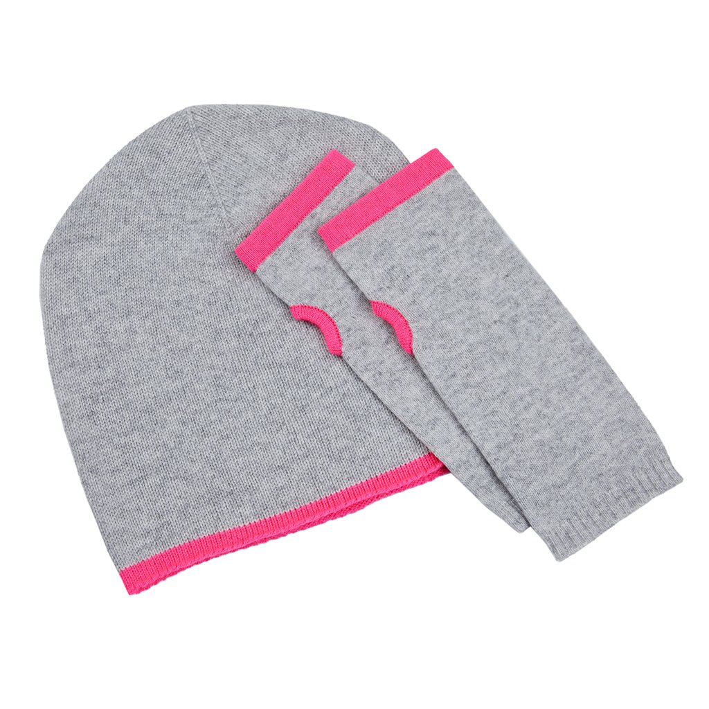 Grey and pink cashmere hat and glove set