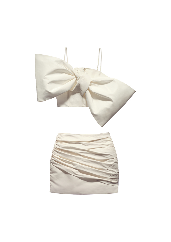 Taffeta bow top
£49.99  Draped mini skirt
£39.99Conscious