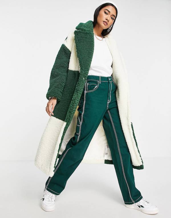 Topshop patchwork long borg coat in green & cream