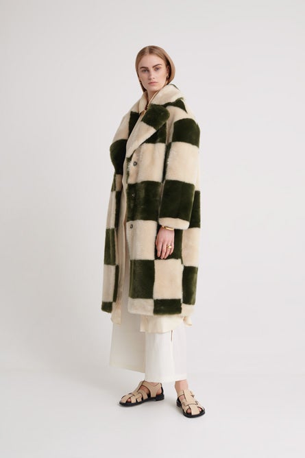 Katie Long Faux Fur Coat Green Checkerboard