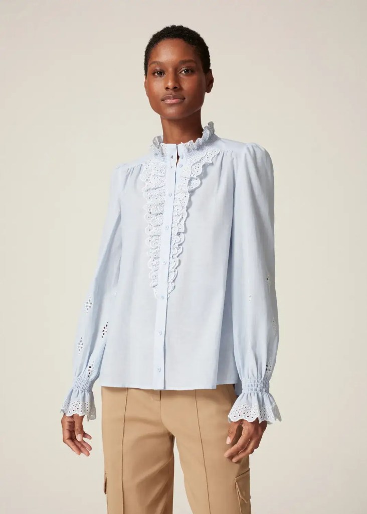 Cotton broderie trim high neck blouse