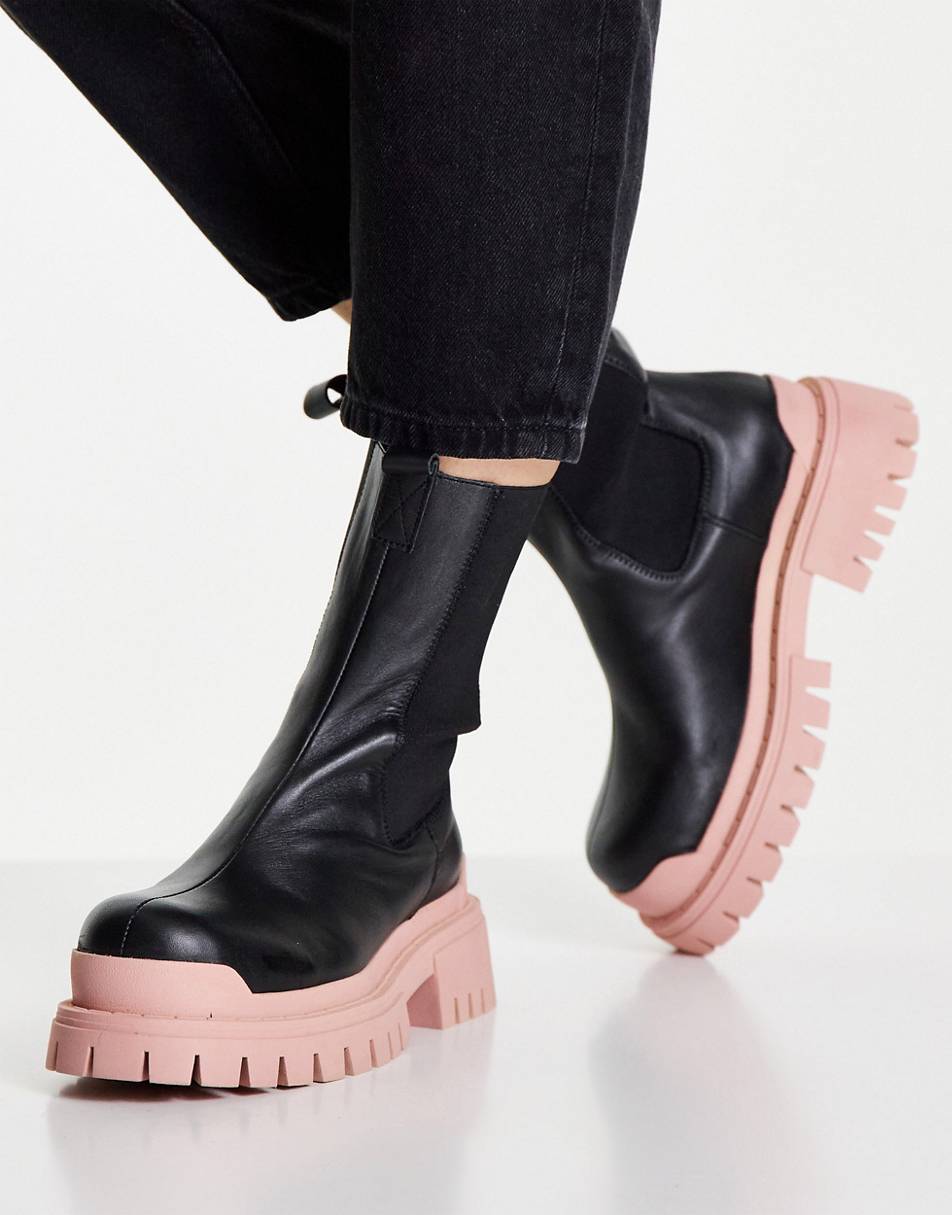 Topshop Ace leather chunky chelsea boot in black and peach