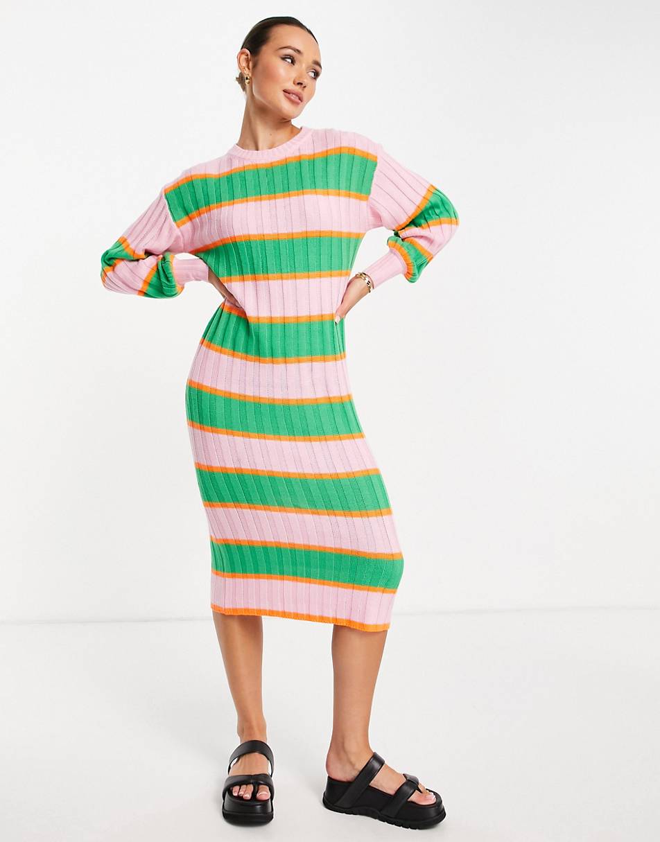 ASOS DESIGN knitted midi dress in multi stripe in pink