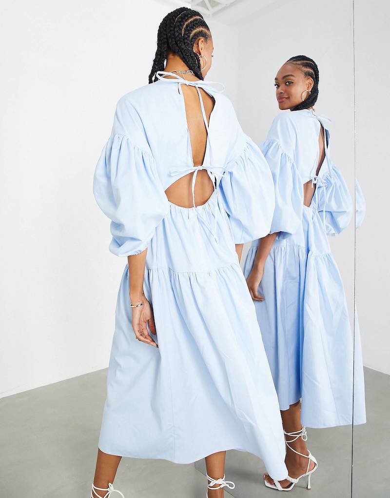 ASOS EDITION midaxi smock dress with tiers and tie back in pale blue