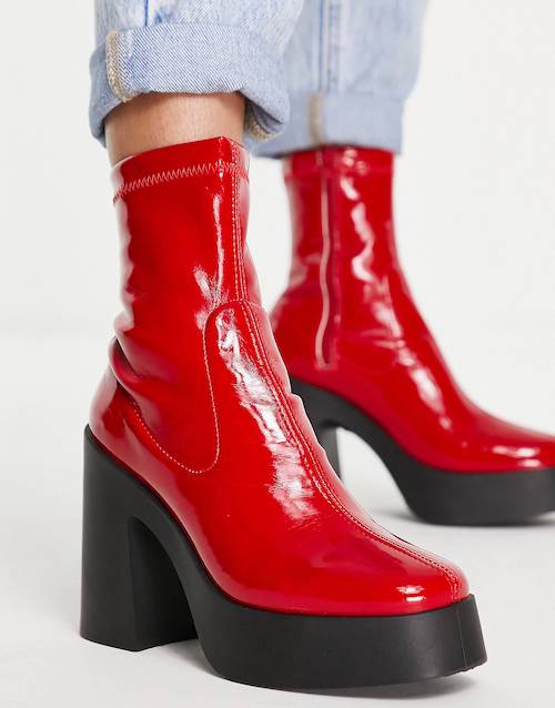 ASOS DESIGN Elsie high heeled sock boot in red patent