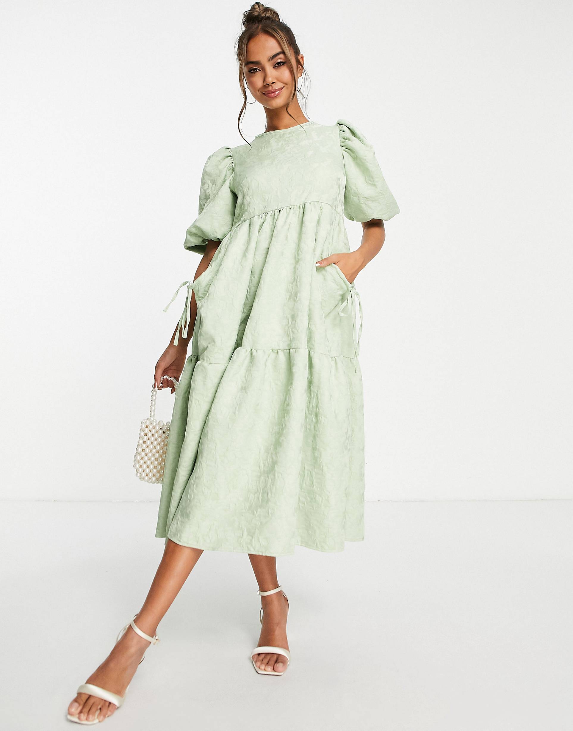 ASOS DESIGN jacquard tiered midi dress with bellow pockets in sage green