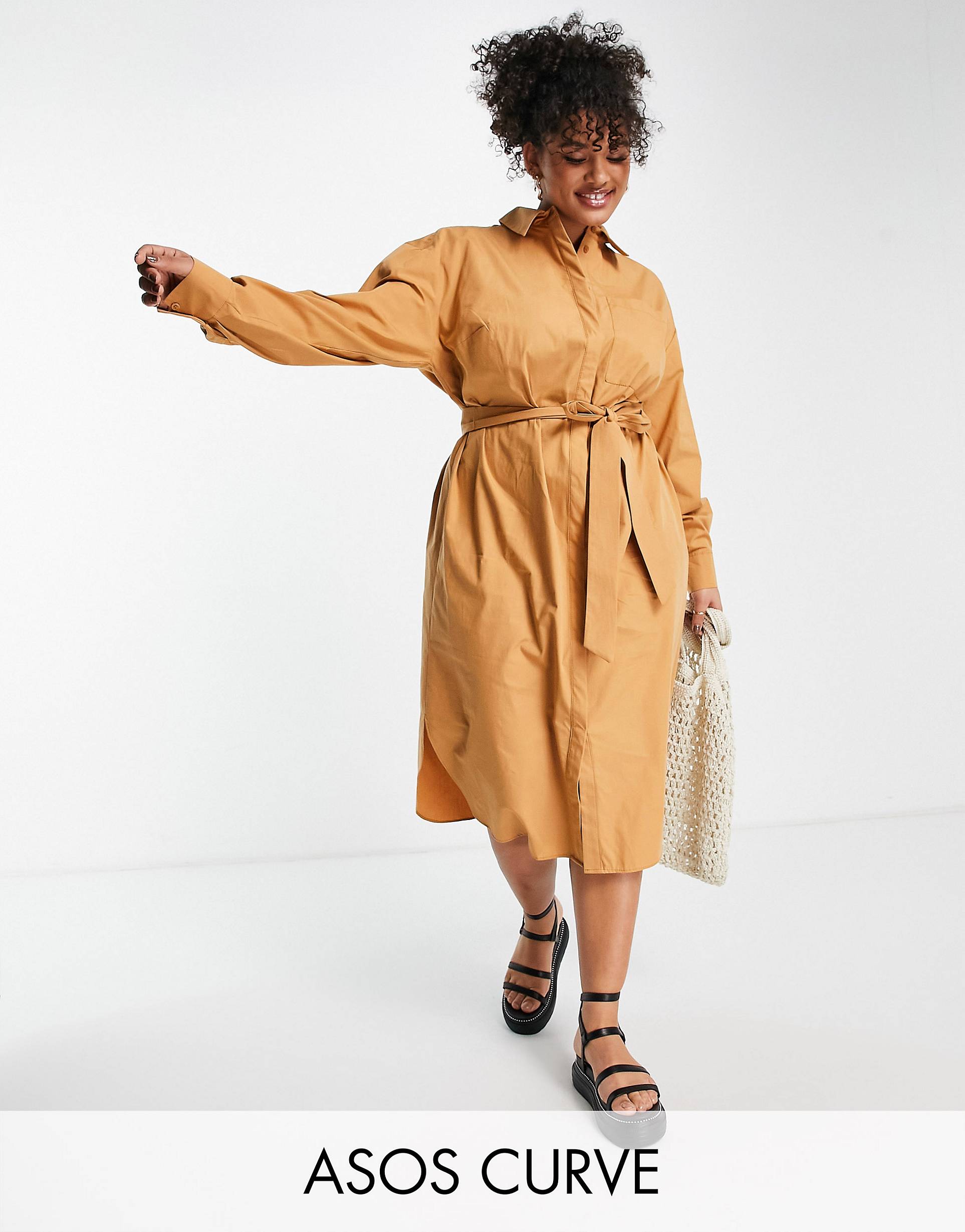 ASOS DESIGN Curve Edit stretch midi shirt dress with detachable belt in biscuit