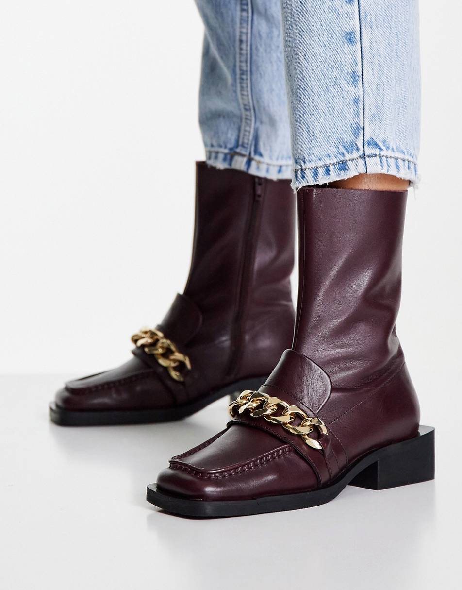 ASOS DESIGN Alarm premium leather loafer boot with chain in burgundy