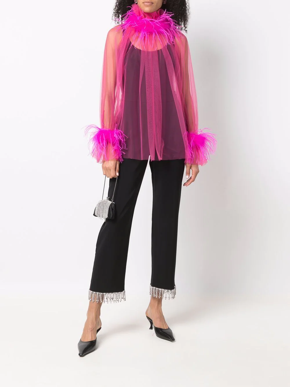 Styland
feather-trim sheer blouse