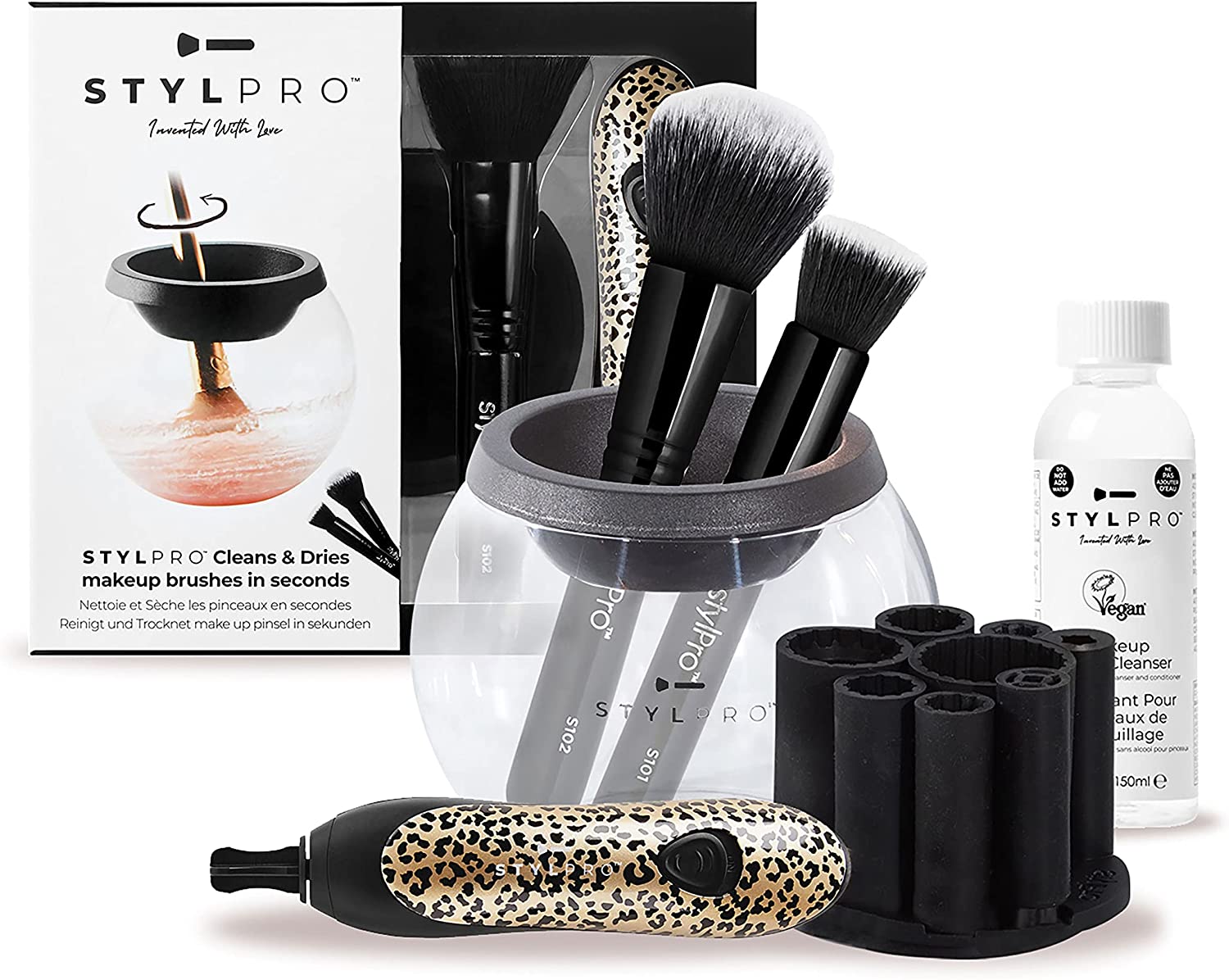 STYLPRO Gift Set Kit: Electric Makeup Brush Cleaner and Dryer Machine with 8 Brush Collars, Spinning Brush Cleaner with Bowl bundle (with and without cleaning solution included