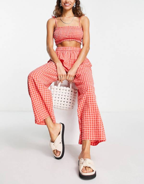 Topshop gingham shirred cami and trouser beach co-ord in red and pink