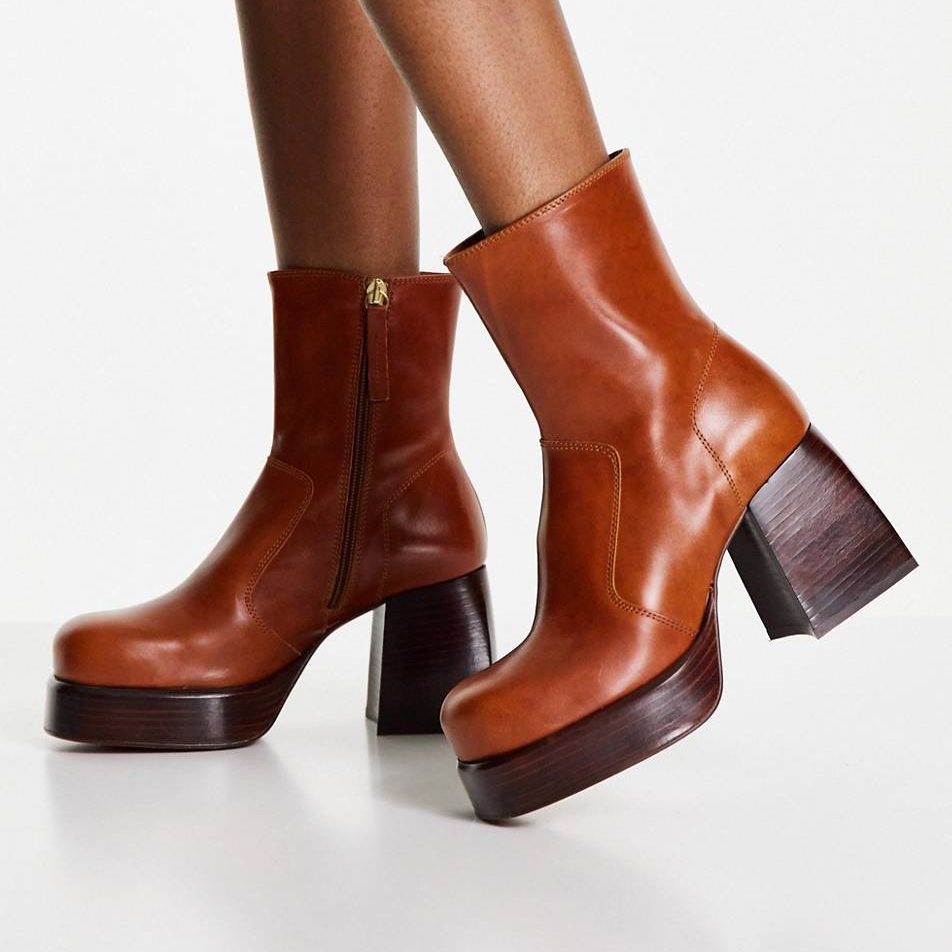 Rowan Premium Leather Platform Heeled Boots in tan asos