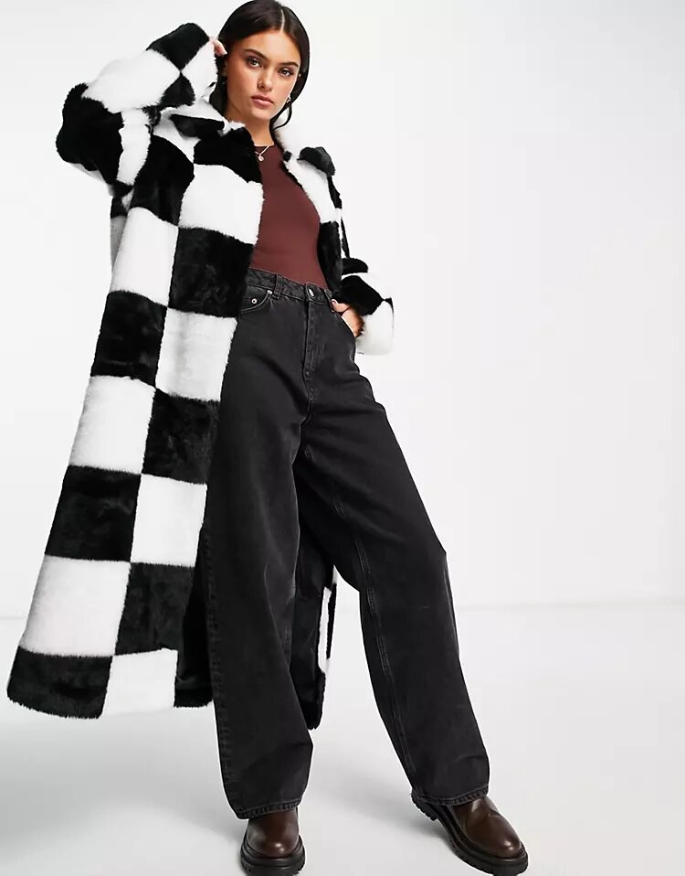 ASOS DESIGN oversized faux fur coat in black and white