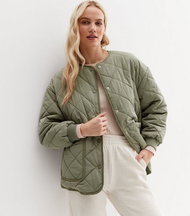 Khaki Quilted Collarless Jacket New Look