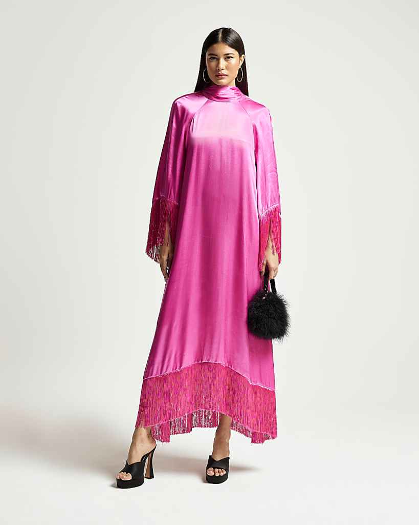 Pink Satin Fringe Long Sleeve Maxi Dress river island party dress