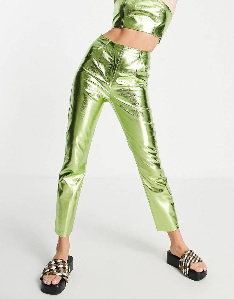 Annorlunda metallic trouser co-ord in lime asos