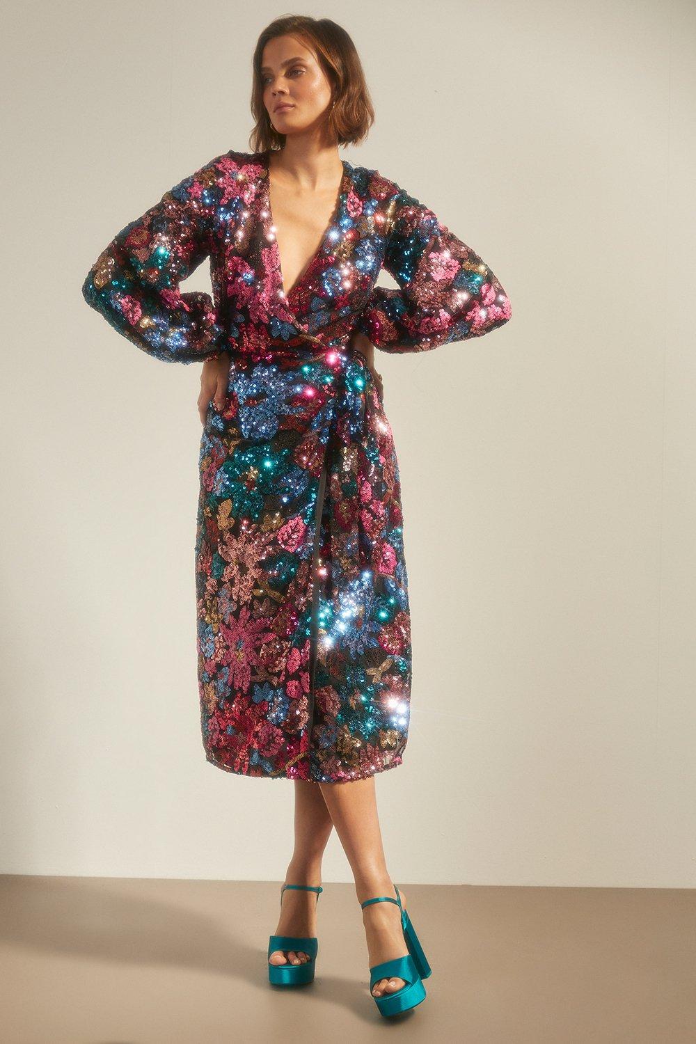 Colour Pop Sequin Floral Wrap Midi Dress