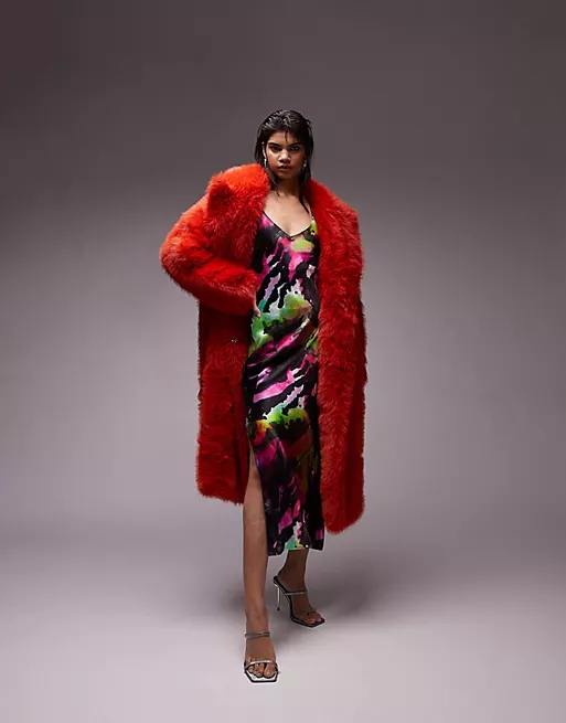 Topshop Oversized Longline Panelled Faux Fur Coat in Red