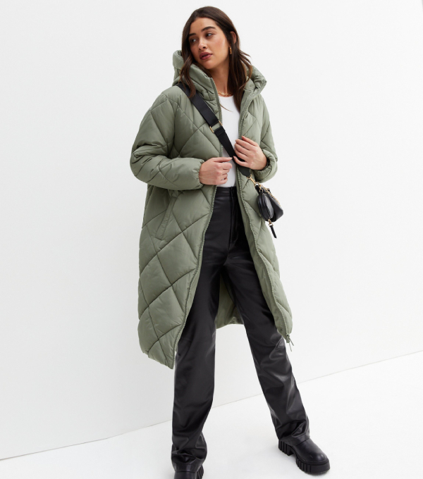 New Look Olive Quilted Hooded Long Puffer Jacket