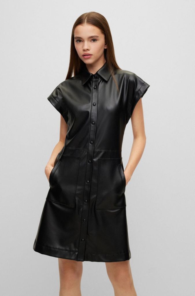FAUX-LEATHER REGULAR-FIT DRESS WITH CAP SLEEVES HUGO BOSS