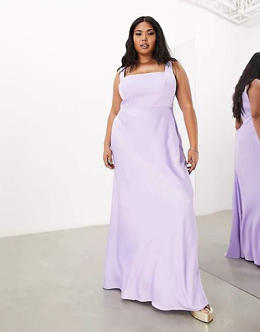 Curve satin square neck maxi dress in lilac from ASOS