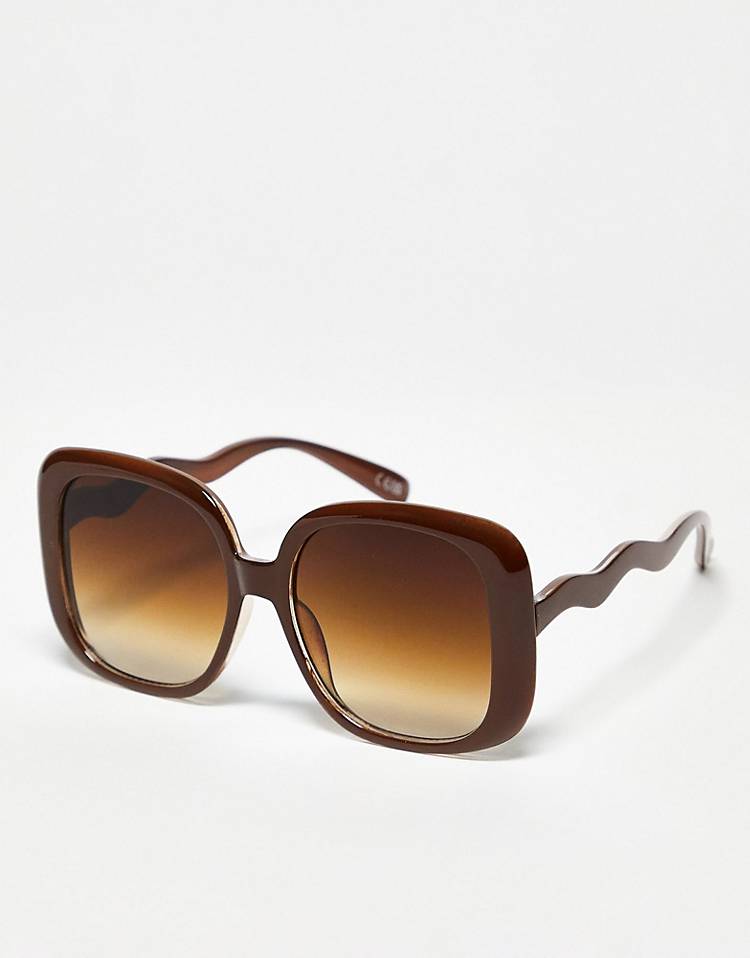 ASOS DESIGN Oversized 70s Sunglasses with Wavy Temple Detail in Crystal Brown