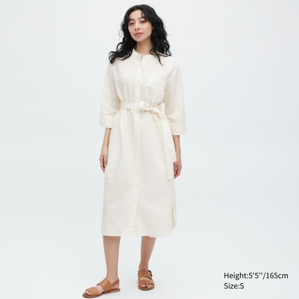 Linen blend 3/4 sleeved shirt dress in off white 