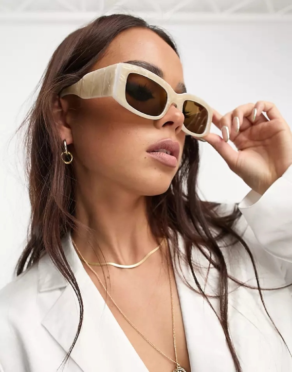 Mid Square Sunglasses with Temple Detail in White Acetate Transfer, ASOS