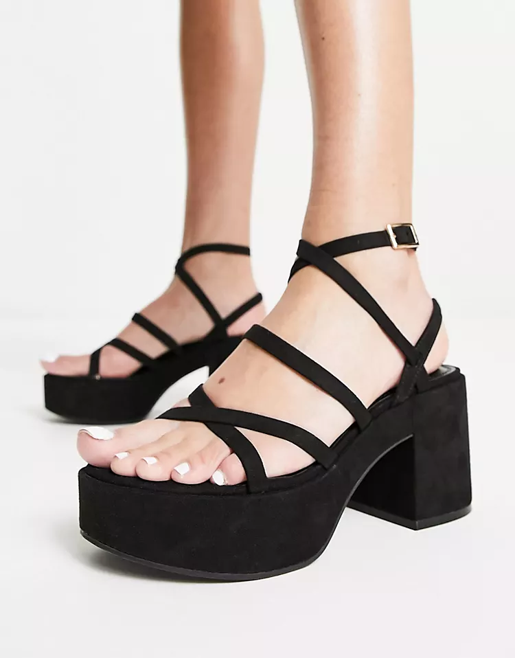 Hoxton chunky mid platforms sandals in black, ASOS