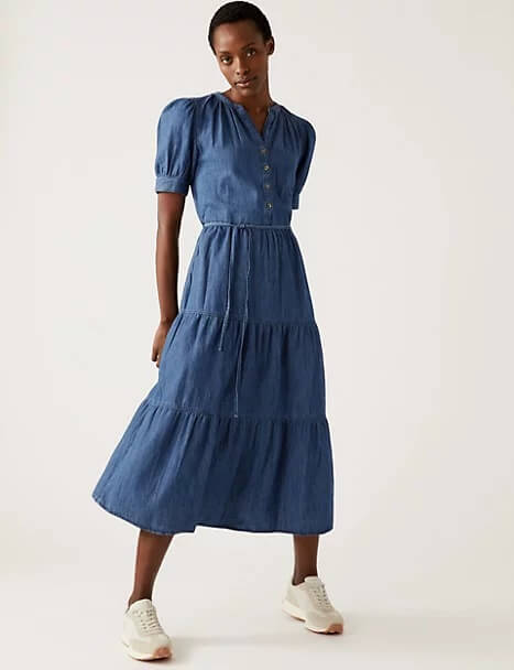Marks and Spencer Denim V-Neck Button Front Midi Tiered Dress