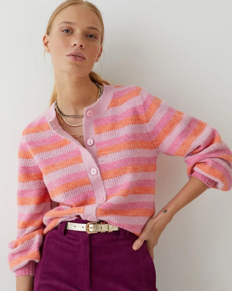 Oliver Bonas Stripe Crew Neck Pink Knitted Cardigan