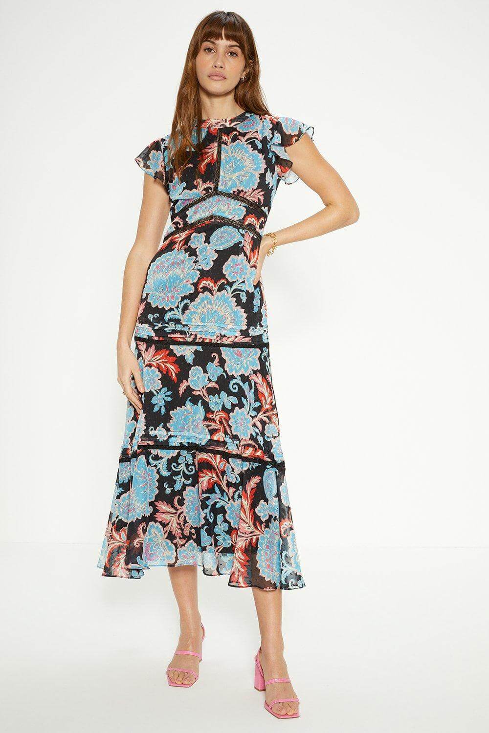 Oasis Paisley Floral Tiered Lace Trim Midi Dress