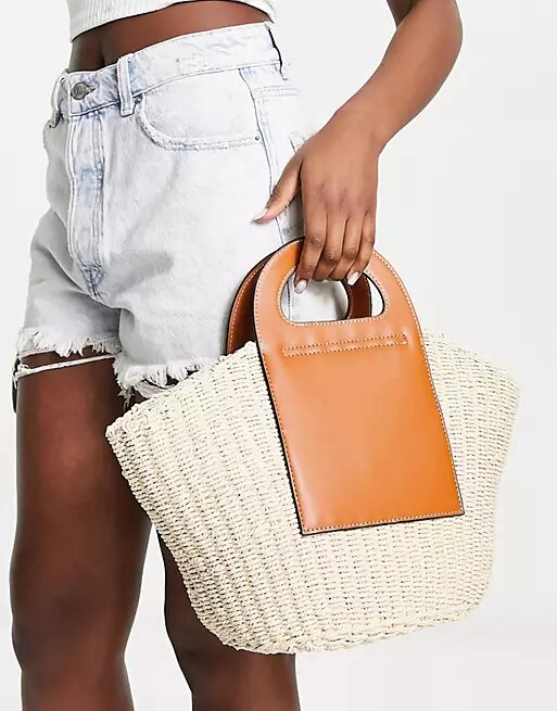 Straw Tote Bag With Leather Look Handle, £32, Asos